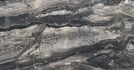 Arabescato Grigio Orobico premium Italian dark grey and black marble slab with dramatic swirling anthracite veins and customizable finishes by Mistral Stone