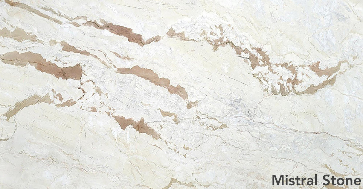 Austral Dream Sunset premium dolomite marble slab with creamy ivory background and warm terracotta gold veining with customizable finishes by Mistral Stone