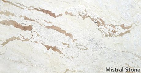 Austral Dream Sunset premium dolomite marble slab with creamy ivory background and warm terracotta gold veining with customizable finishes by Mistral Stone