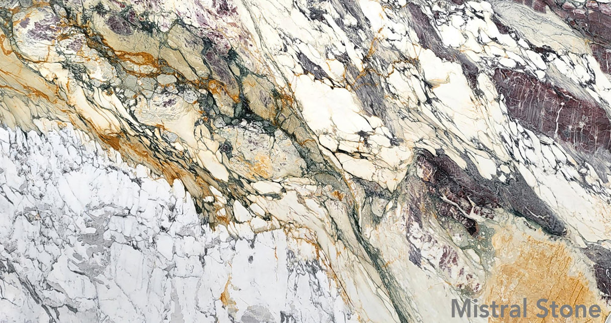 Breccia Capraia Extra premium Italian marble slab featuring dramatic multi-color brecciated veining in burgundy purple deep green and ochre gold with customizable finishes by Mistral Stone
