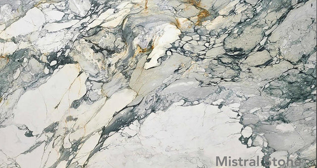 Breccia Capraia Turquoise premium Italian marble slab featuring a high-contrast white matrix with dramatic sweeping seafoam blue and sage green veins by Mistral Stone