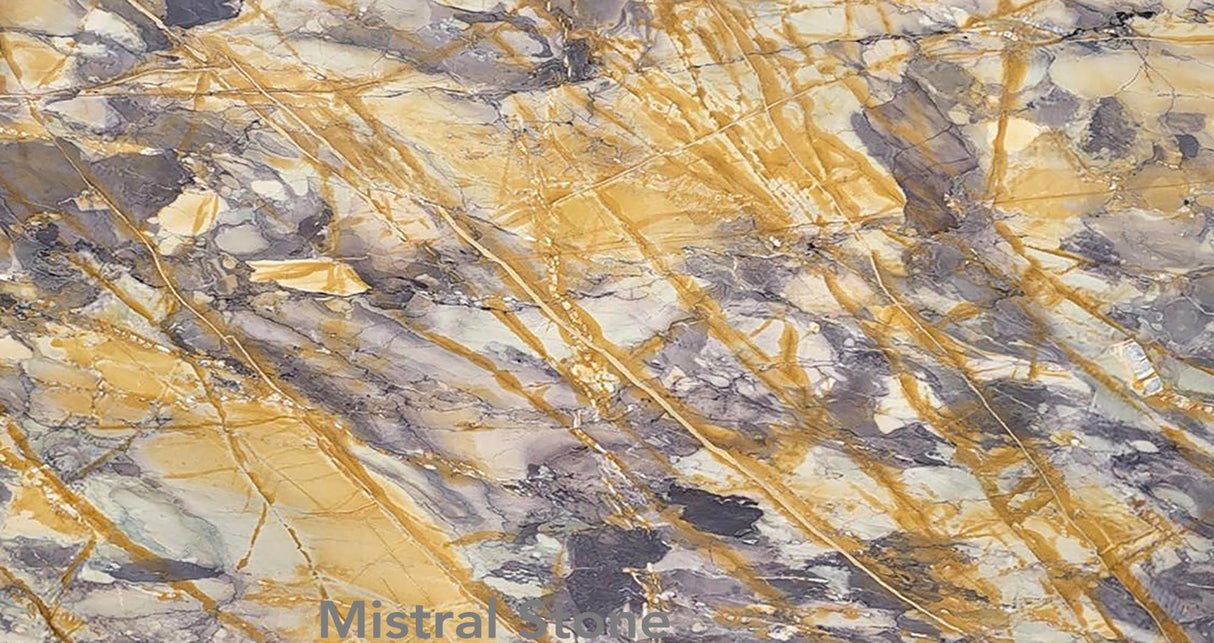 Breccia Etrusca premium Italian marble slab featuring dramatic contrast of rich ochre gold veins and deep violet purple brecciated patterns with customizable finishes by Mistral Stone