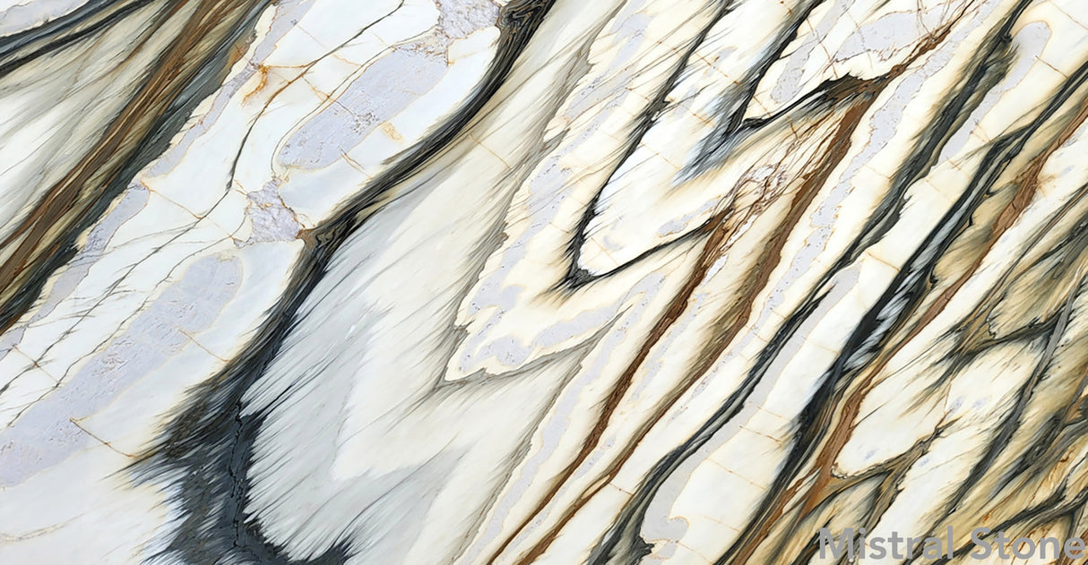 Premium Calacatta Oyster marble slab featuring a dramatic abstract topography of feathered charcoal black veins and bronze gold accents on a luminous white background with customizable finishes by Mistral Stone