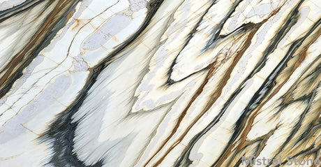 Premium Calacatta Oyster marble slab featuring a dramatic abstract topography of feathered charcoal black veins and bronze gold accents on a luminous white background with customizable finishes by Mistral Stone