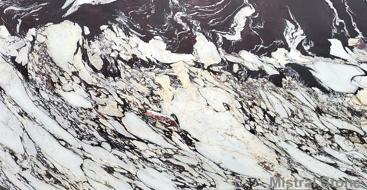 Premium Calacatta Viola marble slab featuring dramatic cabernet burgundy and deep violet brecciated veining on a creamy white background with customizable finishes by Mistral Stone