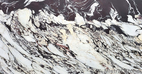 Premium Calacatta Viola marble slab featuring dramatic cabernet burgundy and deep violet brecciated veining on a creamy white background with customizable finishes by Mistral Stone