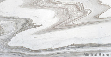 Premium Calacatta Wave marble slab featuring a dramatic fluid wave topography of taupe greige silver grey and mink brown layers on a luminous white background with customizable finishes by Mistral Stone