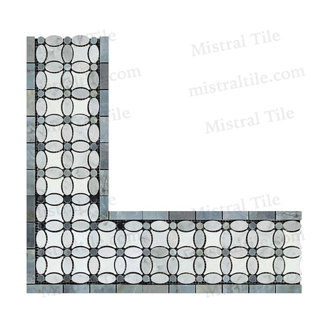Honed Bianco Carrara Marble (oval) and Greek Thassos White Marble with Blue Gray Marble Dots 5 3/4 X 5 3/4 Mosaic Border Corner Perspective View