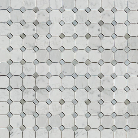 Polished B. Carrara and Blue-Gray Octagon Mosaic Tile Wide view