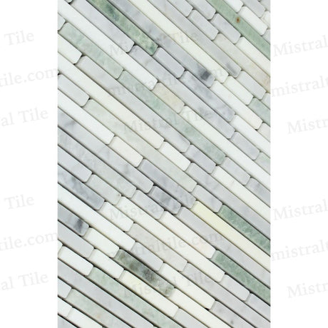 Polished Bianco Carrara and Thassos White with Ming Green Marble Bamboo Strip Mosaic