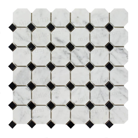 Polished Bianco Carrara-Black Octagon Mosaic Tile