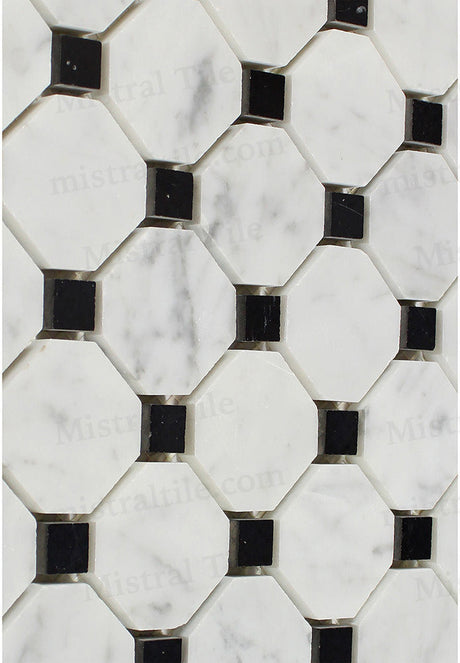 Polished Bianco Carrara-Black Octagon Pattern Mosaic Tile
