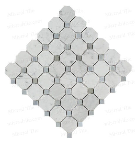 Polished B. Carrara and Blue-Gray Octagon Mosaic Cross View