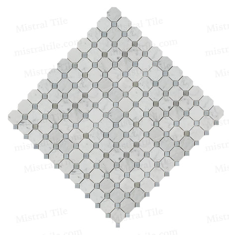 Polished Bianco Carrara and Blue-Gray Marble Octagon Mosaic