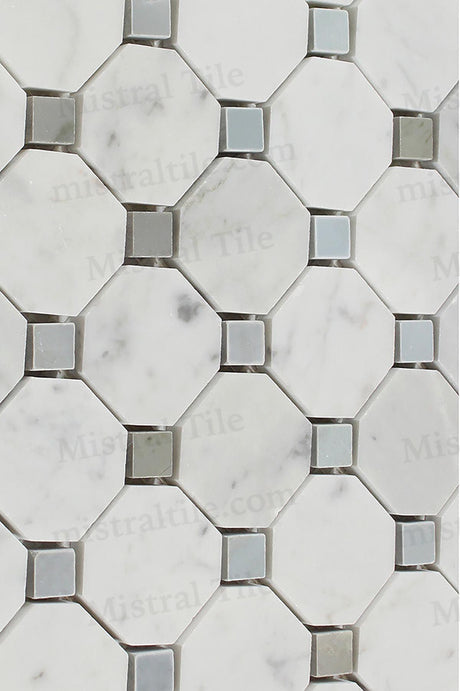 Polished B. Carrara and Blue-Gray Octagon Mosaic Tiles