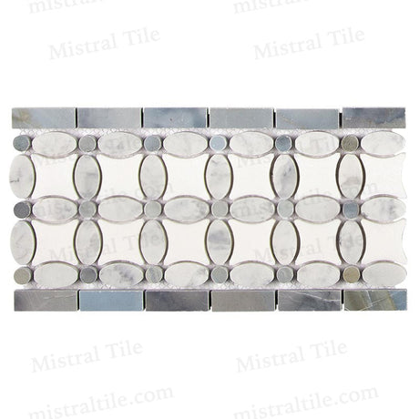 Shop Polished White Bianco Carrara Marble (oval) and Greek Thassos White Marble with Blue Gray Marble Dot 5 3/4 X 11 1/4 Mosaic Border Tile